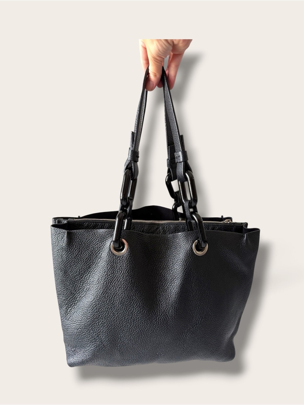 Italian Black Leather Shoulder Tote Chain Detail